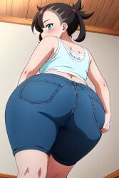 ai_generated arms_at_sides ass_focus big_ass blush busty creatures_(company) curvy denim denim_shorts female female_only from_behind from_below game_freak hi_res highres jeans_shorts marnie_(pokemon) nintendo pokemon pokemon_(game) pokemon_ss pokemon_trainer seraphim_ai shorts smile solo stable_diffusion thick_thighs