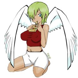 1girls angel asm blonde_hair blue_eyes eat erect_nipples female pizza solo tight_pants wings