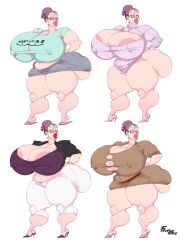 ass_built_separately black_hair bursting_breasts clara_(ffuffle) covered_nipples earrings fatfoxlower ffuffle gigantic_ass gigantic_breasts glasses hair_bun hair_pulled_back high_heels huge_areolae jacket miniskirt original original_character outfit_variant sweater teacher thick_thighs