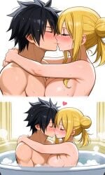 ai_generated bathtub black_hair blonde_hair blushing_at_partner breasts bun fairy_tail gray_fullbuster hair_tied_up kissing lucy_heartfilia pixai romantic_couple steam water wholesome_hug