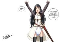 black_hair brown_eyes cute diaper female flat_chest revealing sketchmandl small_breasts sword