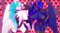 2girls 3d 3d_(artwork) alicorn anthro big_breasts black_leotard blue_body curvaceous curvaceous_female curvaceous_figure curvy curvy_female curvy_figure cutie_mark equine female female_only furry hasbro horns hourglass_figure huge_breasts large_breasts leotard looking_at_viewer mistpony multicolored_hair my_little_pony princess princess_celestia_(mlp) princess_luna_(mlp) revealing_clothes royal royalty sisters succubus translucent_hair twitter_link unicorn_horn white_body wide_hips wings