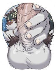 1boy ainu_clothes animal_ears bara blush erection furry furry_male grey_fur grey_hair headband horkeukamui looking_at_viewer male male_focus male_masturbation male_only masturbation mousepad_(medium) muscular muscular_male penis rossciaco solo sweat testicle_mousepad tokyo_afterschool_summoners two-tone_fur unfinished veins veiny_penis wolf_boy wolf_ears yellow_eyes