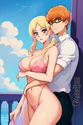 anime_style arm_around_partner arm_around_waist big_breasts bikini blonde blonde_hair blue_sky bra brother_and_sister cloud clouds dee_dee_(dexter's_laboratory) dexter's_laboratory dexter_(dexter's_laboratory) female glasses implied_incest incest little_brother male older_female older_sister orange_hair peccatum pink_bikini pink_bra romantic_incest sister_and_brother sky spectacles white_clouds yellow_hair younger_brother younger_male