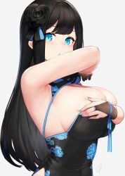 1girls black_hair blue-eyed_girl_(hayabusa) blue_eyes blue_nails blush breasts chinese_clothes chinese_dress dress female female_only fingerless_gloves gloves hayabusa huge_breasts light-skinned_female light_skin looking_at_viewer original solo wardrobe_malfunction