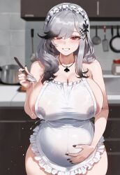 1girls ai_generated apron apron_only azur_lane big_breasts cuckolding curvy dunkerque_(azur_lane) female female_only gooner4lt holding_belly indoors lactation light-skinned_female light_skin necklace netorare ntr pregnant queen_of_spades see-through_clothing smiling solo vichya_dominion_(azur_lane)