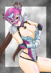 artist_request blush breasts brown_eyes brown_feathers brown_hair cleavage elbow_gloves elbow_pads feathers female female_only fingerless_gloves fist_in_hand gloves human jaycee jewelry julia_chang large_breasts leotard long_hair luchadora mask masked namco pendant simple_background smile solo tekken tekken_3 tekken_4 tekken_5_dark_resurrection tekken_tag_tournament_2 thighs tied_hair twintails white_feathers white_gloves wrestling_outfit