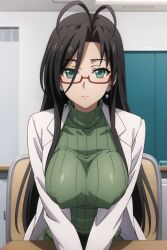 ai_generated big_breast big_breasts black_hair black_hair_female green_eyes green_sweater hasegawa_chisato labcoat large_breast large_breasts mature_female mature_woman milf nurse older_female older_woman red_glasses shinmai_maou_no_testament sweater white_lab_coat