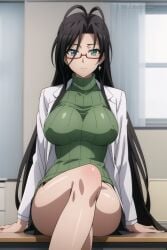 ai_generated big_breast big_breasts black_hair black_hair_female green_eyes green_sweater hasegawa_chisato labcoat large_breast large_breasts mature_female mature_woman milf nurse older_female older_woman red_glasses shinmai_maou_no_testament sweater white_lab_coat