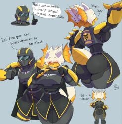 1boy1girl 2020s 2d 2d_(artwork) :3 armor armored_female arzyparzy ass big_ass big_thighs blush bug bug_girl busty child_bearing_hips cute dat_ass fingers_together helldiver_(helldivers) helldivers helldivers_2 hi_res highres hips hourglass_figure hunter_(helldivers) insect_girl large_ass large_thighs raid round_ass tail terminid thick_thighs thighs voluptuous wide_hips