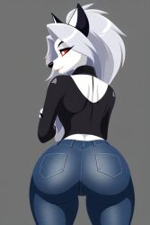 ai_generated anthro ass big_butt diplive7 female female_only furry grey_background hellhound helluva_boss jeans loona_(helluva_boss) simple_background simple_coloring simple_shading thick_ass thick_thighs tight_clothing tight_fit vector_art_style