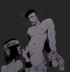 2boys balls bara black_hair black_hair_male dark_hair darkest_dungeon erection face_in_shadow fellatio fellatio_domination gay gothic_artstyle grey_background hair head_scarf headband highwayman_(darkest_dungeon) jester_(darkest_dungeon) male male/male male_nipples male_only monochrome muscular_male nipples nude on_knees pecs penis png pupsotherstuff_(artist) scars short_hair short_hair_male tied_arms undercut undressing wide_shoulders