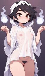 adult_female ai_generated anime_me asian_female black_hair blush breasts brown_eyes female female_only flat_belly ghost ghost_costume ghost_fire halloween halloween_costume innie_pussy japanese_female lilartificer original pubic_hair pussy self_insert short_hair slim_waist small_breasts smile solo solo_female tomboy uncensored