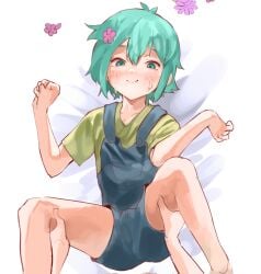 basil_(omori) femboy legs_apart legs_spread omori submissive teal_eyes teal_hair