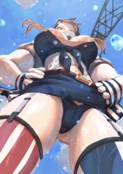 absurdres ass_visible_through_thighs belt belt_buckle blonde_hair blue_panties blue_sky breasts brown_belt buckle cloud female from_below garter_straps green_eyes hands_on_own_hips highres iowa_(kantai_collection) kantai_collection large_breasts long_hair navel panties shirt skirt sky solo star-shaped_pupils star_(symbol) striped_clothes striped_thighhighs symbol-shaped_pupils thighhighs thighs tied_shirt underwear ye_fan