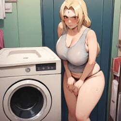 1girls ai_generated bare_arms bare_legs bare_shoulders bare_thighs black_panties black_thong blonde_hair blush breasts cleavage covering_crotch curvy embarrassed female female_only gardener_ai large_breasts laundry laundry_room long_hair naruto no_pants panties pony_diffusion_xl sleeveless solo stable_diffusion sweat sweatdrop tank_top thick_thighs thong tsunade undressed washing_machine wide_hips