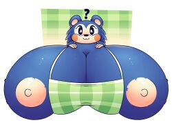 1girls ? able_sisters almost_naked animal_crossing anthro anthrofied apron apron_only big_areola blue_body blush_lines breasts_bigger_than_head bust_portrait hands_on_breasts hedgehog hedgehog_humanoid hi_res huge_breasts huztar hyper hyper_breasts mabel_able naked_apron nintendo non-euclidean_border plaid simple_background two_tone_body