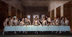 1boy 6+girls art blacksheepart female fine_art_parody public_domain tagme the_last_supper