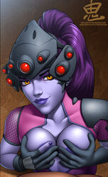 2d blizzard_entertainment blue_skin bodysuit cleavage covering_breasts female gloves headgear looking_at_viewer oni_(artist) overwatch ponytail purple_hair purple_skin smile tied_hair unseen_male_face widowmaker yellow_eyes