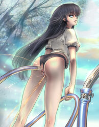 1girls 2011 anal_insertion anus ass black_hair breasts buruma curvaceous erection_under_clothes female green_eyes gym_uniform human ibu_(kateibu) kimagure_orange_road large_breasts light-skinned_female light_skin long_hair looking_at_viewer madoka_ayukawa pussy shirt shounen_jump solo standing water wide_hips