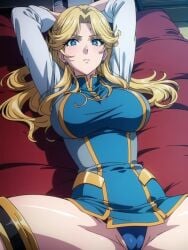 1female 1girls ai_generated big_breasts blonde_hair breasts female female_only hands_behind_head hi_res high_resolution highres laying_on_back laying_on_bed leona_garstein looking_at_viewer panties super_robot_wars