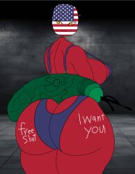 big_ass big_breasts black_cum blue_bikini body_writing countryhumans countryhumans_edit countryhumans_girl disembodied_penis green_skin inviting_to_sex nipple_bulge oil red_skin saudi_arabia_(countryhumans) skimpy_clothes tagme_(source) uncensored united_states_of_america_(countryhumans) veiny_penis