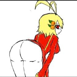 1girls ahoge apricot_(funamusea) ass back back_view blonde_hair chileansomethin closed_mouth colored_skin double_ahoge female female_only fruit_hair_ornament funamusea hair_ornament large_ass large_breasts large_butt looking_at_viewer red_dress red_eyes simple_background solo solo_female white_background white_skin