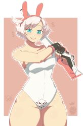 big_breasts black_gloves blue_eyes blush bracelet breasts bunny_ears bunny_girl bunnysuit elphelt_valentine fake_rabbit_ears gloves green_eyes guilty_gear guilty_gear_strive gun rifle smiling smiling_at_viewer sr.aguacate thick_ass thick_thighs thigh_highs thighs white_hair white_skin wide_hips