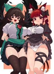 2girls :d absurdres animal_ear_fluff animal_ears bird_wings black_bow black_panties black_ribbon black_thighhighs black_wings blush bow braid brown_eyes brown_hair cameltoe cat_ears cat_tail center_frills closed_mouth clothes_lift collared_shirt commentary_request cute_fang extra_ears feet_out_of_frame female frilled_skirt frilled_sleeves frills green_bow green_skirt hair_between_eyes hair_intakes hairbow highres kaenbyou_rin leg_ribbon lifted_by_self long_hair long_sleeves looking_at_viewer medium_bangs multiple_girls oerba_yun_fang open_mouth orange_background panties pointy_ears puffy_short_sleeves puffy_sleeves qwas69 red_eyes red_hair reiuji_utsuho ribbon rin_kaenbyou shirt short_sleeves skirt skirt_lift smile tail tearing_up tears thighhighs third_eye touhou twin_braids two-tone_background underwear utsumi_erice v-shaped_eyebrows white_background white_panties white_shirt wings