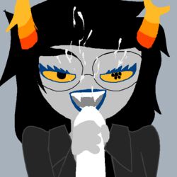 1boy 1girls animated black_hair blue_lips clothing cum cumshot fangs fast_handjob glasses grey_background grey_skin handjob homestuck horns jacket long_hair male_pov ms_paint_adventures penis pov shirt straight troll vriska_serket yellow_eyes