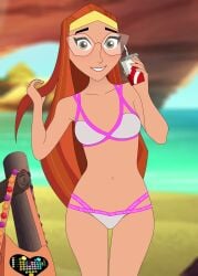 1girls beach big_hero_6 big_hero_6:_the_series bikini glasses green_eyes honey_lemon long_hair marvel mehefin013 orange_hair smiling_at_viewer