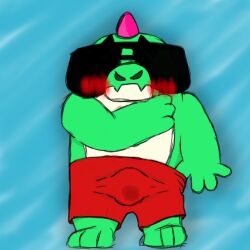 3_toes 4_fingers anthro blush bottomwear brawl_stars bulge buzz_(brawl_stars) clothing dinosaur eyewear green_body male reptile scalie shorts simple_background solo sunglasses supercell_(company) unknownfurr