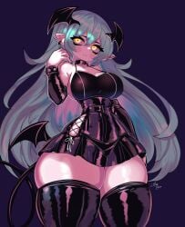 big_butt big_chest big_thighs blue_hair breasts demon_girl devil_horns digital_drawing_(artwork) female female_only giant_ass gothic gothic_girl horn latex_suit maxb24 miniskirt pale_skin succubus tail yellow_eyes