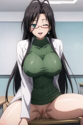 ai_generated big_breast big_breasts black_hair black_hair_female exposed_pussy glasses green_eyes green_sweater hasegawa_chisato labcoat large_breast large_breasts mature_female mature_woman milf no_panties older_female older_woman pantyless pussy_exposed red_glasses shinmai_maou_no_testament sweater white_lab_coat