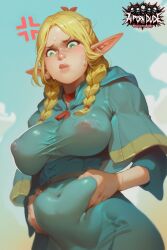 ai_generated aiporndude anger_symbol angry angry_expression angry_face belly belly_button belly_grab blonde_female blonde_hair blonde_hair_female blue_clothing braid braided_hair braided_twintails capelet chubby chubby_female curvaceous curves curvy curvy_body curvy_female curvy_figure delicious_in_dungeon dungeon_meshi elf elf_ears elf_female elf_girl female grabbing grabbing_belly huge_breasts large_breasts looking_down marcille_donato messy_hair navel nervous nervous_sweat nipple_bulge nipples_visible_through_clothing parted_bangs plump plump_belly plump_lips pointy_ears puffed_cheeks puffy_nipples robe sabudenego_(style) solo squish surprised surprised_expression sweat sweatdrop sweating