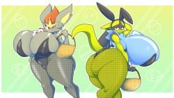 2girls ass big_breasts breasts bunnysuit cinderace easter easter_basket easter_egg egg fishnet_legwear furry hyper_breasts lucario pokemon pokemon_(species) tagme thiccbuns winking_at_viewer