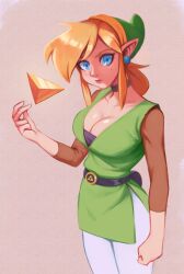 a_link_between_worlds blonde_hair blue_eyes breasts cleavage fanart female green_hat green_tunic link link_(a_link_between_worlds) looking_at_viewer nintendo rule_63 tagme the_legend_of_zelda triforce