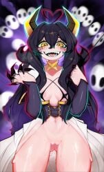 alternate_hair_color black_dress black_hair bottomless denva9 fangs female hiiragi_utena horn looking_at_viewer looking_pleasured magia_baiser mahou_shoujo_ni_akogarete pussy pussy_juice pussy_juice_drip sharp_claws sharp_teeth skimpy_clothes smile smug star_shaped_pupils sweat sweatdrop thick_thighs yellow_eyes