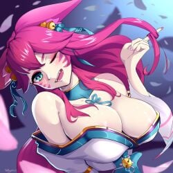 ahri blue_eyes breasts cherry_blossoms cleavage fox fox_ears fox_girl kimono kitsune league_of_legends petals pink_hair pudding300 self_upload smile spirit_blossom_ahri spirit_blossom_series teal_eyes twirling_hair vastaya