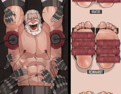 armpit_fetish bara bondage capture captured_hero cruelty feet foot_focus gay helpless kidnapped male male_feet male_foot_fetish male_only male_tickling name_plate older_male overwatch overwatch_2 project_w.a.l.l. reinhardt restrained restraints revealyoursins tears tickle_fetish tickle_torture tickling tickling_armpits tickling_feet tickling_machine toes_tied