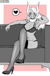 1girls big_breasts black_and_white black_bra boku_no_hero_academia bra breasts bunny_ears cleavage curvy curvy_body curvy_female curvy_figure dark-skinned_female dark_skin female female_only female_solo fishnet_legwear fishnets hand_on_hair heart heart_emote heels heroine high_heels large_breasts lingerie lingerie_only long_hair looking_at_viewer miruko my_hero_academia neck_tuft neckwear pin-up pinup pinup_pose rumi_usagiyama se7ena_(7a) shounen_jump sitting_on_couch smile smiling_at_viewer solo superheroine twitter_link white_hair