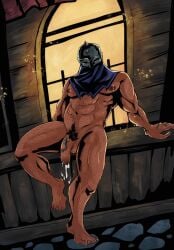 1boy balls bara big_balls big_penis bounty_hunter_(darkest_dungeon) cel_shading cel_shading_(retro) cum cum_drip cum_dripping_from_penis darkest_dungeon genital_fluids gothic_artstyle helmet male male_nipples male_only male_pubic_hair muscular_male nipples nude penis pupsotherstuff