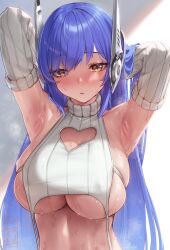 1girls amber_eyes areola_slip armpit_fetish armpits arms_up barely_contained big_breasts blue_hair blush blush_lines female female_only fit_female girls'_frontline large_breasts light-skinned_female light_skin long_hair looking_at_viewer padoruu shiny_skin sideboob solo solo_female steam steaming_body sweat sweatdrop sweating tagme tar-21_(girls'_frontline) thin_waist underboob wet wet_skin