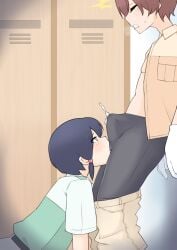 1boy absurdres bike_shorts black_hair black_shorts blush breast_pocket brown_hair brown_shirt captain_(kemono_friends) commentary_request cum ejaculation_under_clothes feet_out_of_frame female green_shirt highres illu_(illu_stratos) indoors kemono_friends kemono_friends_3 locker ollie_(ollie_stratos) open_mouth pocket premature_ejaculation profile shirt short_hair short_sleeves shorts small_penis straight white_shirt