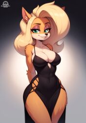 1girls ai_generated anthro anthro_only basketmuffin black_clothing black_dress blonde_hair breasts clothed clothing crash_(series) dress female female_only furry furry_only green_hair long_hair looking_at_viewer solo solo_female tawna_bandicoot thick_thighs wide_hips