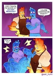 2_panel_comic 2boys anal anal_sex balls bara beefy bottomless clothed color comic daddy disney duo duo_focus eat_hymn elemental_(pixar) elemental_humanoid fire fraternity gay hi_res instant_loss_2koma legs_apart legs_held_open legs_spread male male/male male_focus male_only male_penetrated male_penetrating male_penetrating_male manly muscular_male pecs pectorals penetration penis penis_in_ass pixar spreading topwear topwear_only verbal wade_ripple water