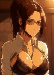 ai_generated attack_on_titan black_bra bra breasts breasts_out brown_hair clothed glasses hanji_zoe partially_clothed shingeki_no_kyojin solo solo_female white_shirt