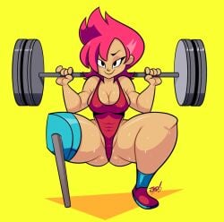 breasts jmd leotard ok_k.o.!_let's_be_heroes pegleg red_action red_action_(ok_k.o.!_lbh) red_hair thick_thighs weightlifting weights