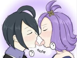 1boy 1girls about_to_kiss acerola_(pokemon) allister_(pokemon) closed_eyes drool_on_face female game_freak human human_characters_in_pokémon imminent_kiss konami_yotsuba male nintendo pokemon pokemon_sm pokemon_ss tongue_kiss tongue_to_tongue tongue_touching_another's_tongue tongues_touching