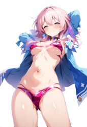 1female 1girls ai_generated breasts commentary_request female female_only hands_behind_head hi_res high_resolution highres honkai:_star_rail honkai_(series) hoyoverse looking_at_viewer low_rise march_7th_(honkai:_star_rail) medium_breasts micro_bra nipples_covered normal_breasts pink_hair short_hair skindentation tagme